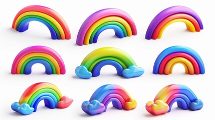 set of 3D rainbows on a white background