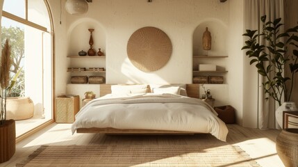 fragment of a modern bedroom design in light colors and using natural materials with beautiful sunlight from the window 