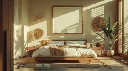 fragment of a modern bedroom design in light colors and using natural materials with beautiful sunlight from the window and a large empty picture