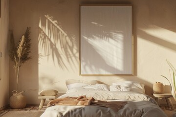 fragment of a modern bedroom design in light colors and using natural materials with beautiful sunlight from the window and a large empty picture