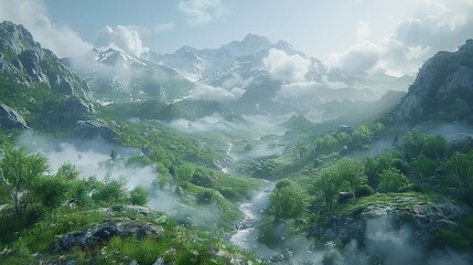   A majestic mountain landscape adorned with a meandering river and fluffy cloud formations in the background