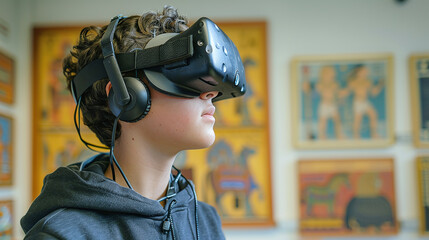 A student engrossed in a virtual reality simulation of ancient civilizations, exploring history and culture through immersive educational technology