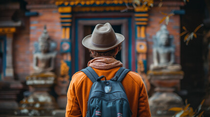 Obraz premium Adventurous Man in Orange Jacket Exploring Ancient Temple