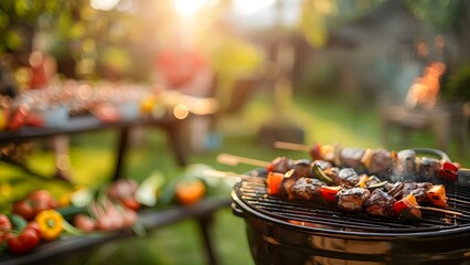 Outdoor team BBQ party background with blurred copy space for text. Concept Team Building, BBQ Party, Outdoor Event, Blurred Background, Copy Space