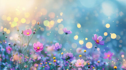 copy space, stockphoto, Colorful flower meadow with blue sky and bokeh lights in summer, nature...