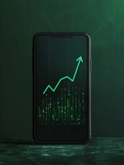 Growth graph icon on a smartphone in classic black and popart green