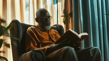 Senior African man enjoying a book in a cozy armchair near window curtains at home.