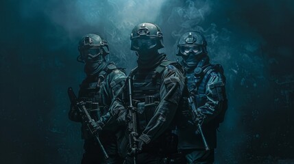 Naklejka premium Three soldiers stand in front of a dark background with smoke in the air