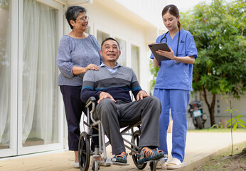 Senior man sitting on wheelchair for healthcare support, life insurance or garden walk at nursing...