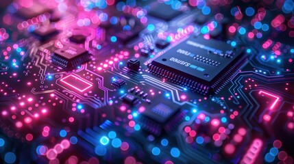 Obraz premium A digital artwork showcasing an intricate circuit board with glowing blue and purple elements