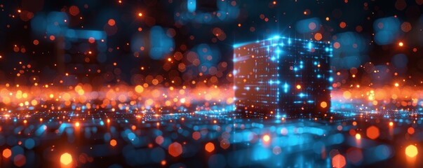 Obraz premium Abstract background with glowing cubes in blue and orange colors. Digital technology concept