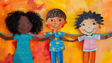 Three Diverse Children Holding Chain of Paper Dolls, Black, White, and Latino, Happy Children Day