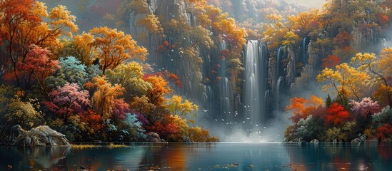 A stunning autumn landscape with colorful trees, flowers and a beautiful waterfall in the background