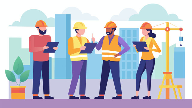 The team conducting a walkthrough of the construction site taking note of potential hazards and assessing their impact on the project.. Vector illustration