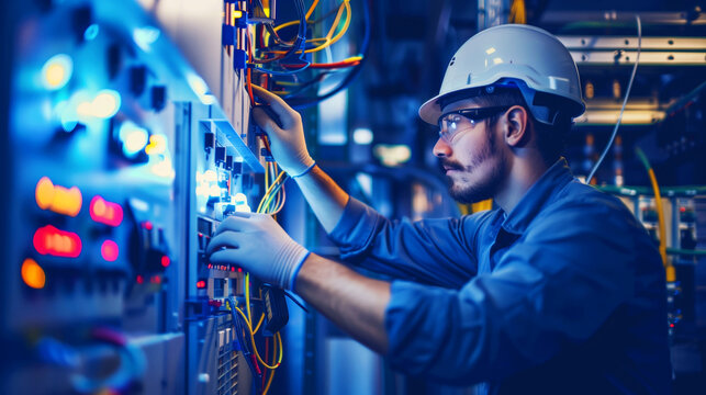 Focused technician adjusting complex wiring in an industrial facility, wearing a hardhat and safety gloves.
