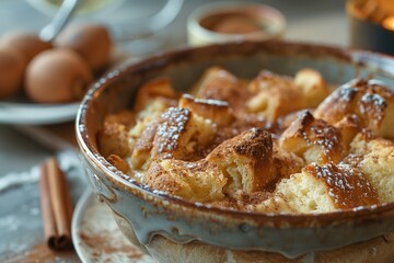 Homemade bread pudding in rustic dish, eggs and cinnamon aside.