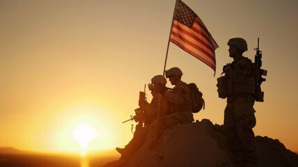 USA Army Soldiers Against Sunset or Sunrise Sky, Accompanied by American Flag, Memorial Greeting Card
