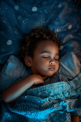 african baby sleeping in bed at night, head on pillow, under blanket, top view. toddler in crib napping, child in cozy dark room, infant sleep bedtime concept