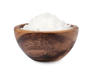 Natural salt in wooden bowl isolated on white