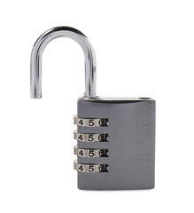 Unlocked steel combination padlock isolated on white