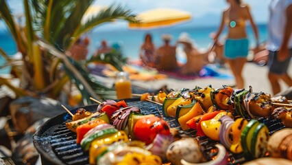Vibrant summer beach barbecue scene with grilled veggies people having fun. Concept Summer BBQ, Beach Scene, Grilled Veggies, Fun Activities, Vibrant Atmosphere