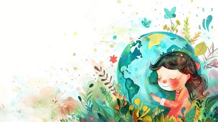 Vibrant Illustration for World Children's Day, Small Girl Embracing Earth, Happy Children Day