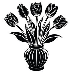 set of tulip flower on the vase vector silhouette on white background 