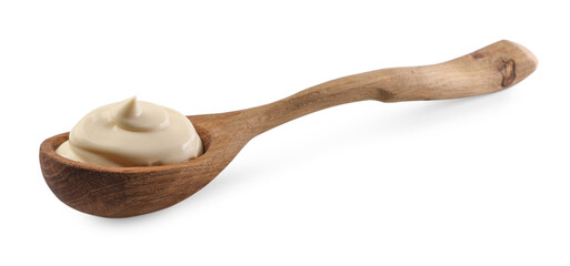 Natural yogurt in wooden spoon isolated on white