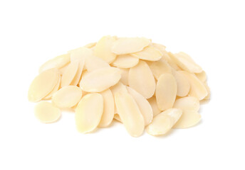 Pile of fresh almond flakes isolated on white