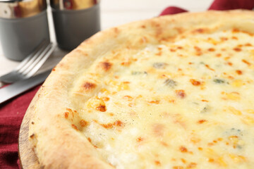 Delicious cheese pizza on table, closeup view