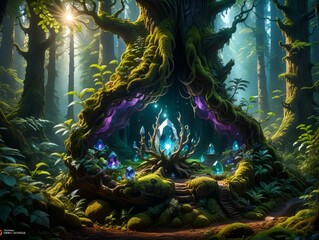 seed shaped crystal crystal in the middle of the forest at the root of a tree