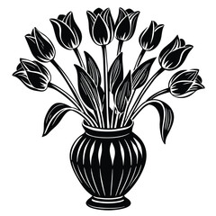 set of tulip flower on the vase vector silhouette on white background 