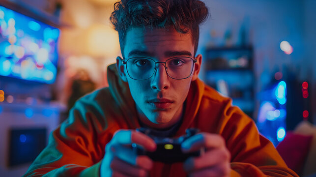Young male gamer engrossed in an intense gaming session late at night