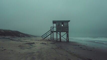 An old, wooden lifeguard tower stands on the beach, surrounded by sand and dunes. The sky is foggy and the water is rough.