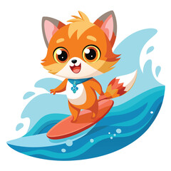 A cute little cat surfing on the sea with a white background 