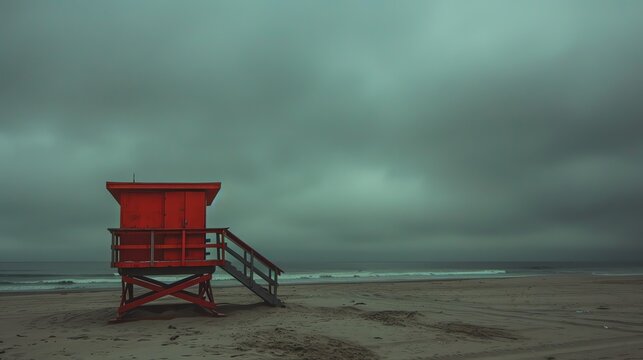 A lifeguard tower stands alone on a beach on a cloudy day. The muted colors and lack of people create a sense of isolation and solitude.