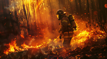 A firefighter in protective gear standing amidst a raging forest fire, surrounded by flames and smoke.