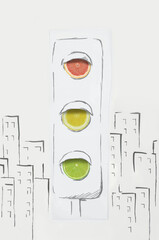 Skretch of traffic lights in the city in summer. Lights made of citrus fruits. Photos blended with graphics