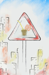 Sketched untypical, informational road sign in a city. Photo of a sand in a glass mixed with sketch. 
