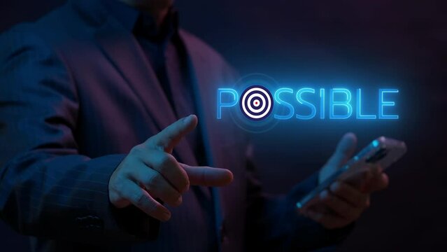 Possibility, positive thinking, confidence, optimism and achieve success concept. Businessman changing the word impossible to possible and believe we can do it, hope to overcome difficulty.