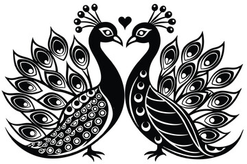 Fototapeta premium Peacock couple in love si9lhouette on white background 