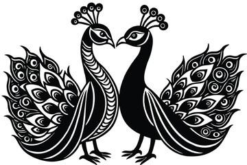 Peacock couple in love si9lhouette on white background 