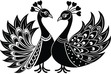 Fototapeta premium Peacock couple in love si9lhouette on white background 