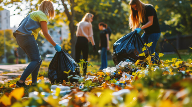 Group of young volunteers cleaning up litter in a park on a sunny day, contributing to community service.