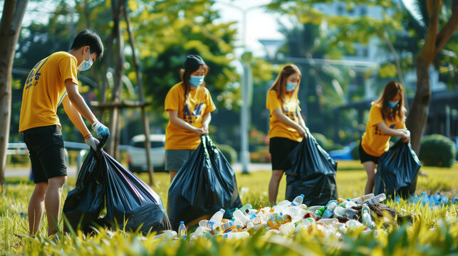 Volunteers in yellow t-shirts and masks collecting litter in a park, promoting a cleaner environment. - Powered by Adobe