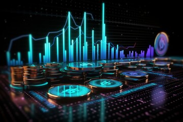 High-tech glowing blue circuit board with coins and a graph, suitable for articles on cryptocurrency, blockchain technology, financial market analysis, and digital currency trends.