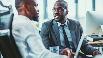 Two professional African American businessmen engaged in a discussion in a modern office setting.