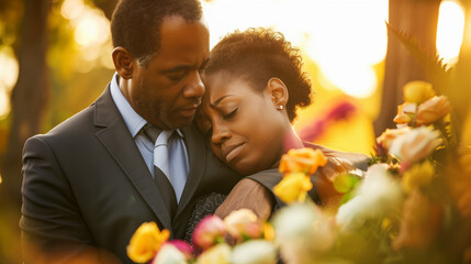 A loving African American couple in elegant attire sharing a tender moment among flowers at sunset.