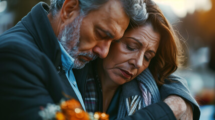 Close-up of an elderly couple sharing a sorrowful moment together, with heads bowed in grief.