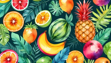 Seamless Pattern Of Vibrant Tropical Fruits And Le Upscaled 4